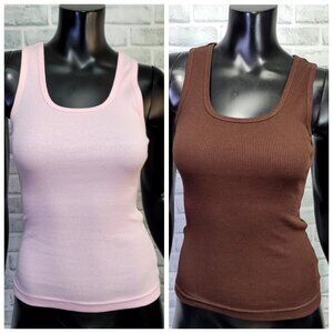 90s Y2k Lot of 2 Kavio!‎ M Brown Pink Ribbed Cotton Racerback Tank Top Fitted